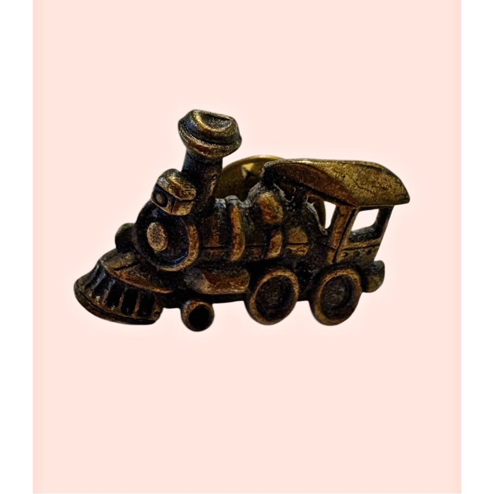 Vintage Steam Train Locomotive Lapel Pin Antiqued Brass JJ Signed